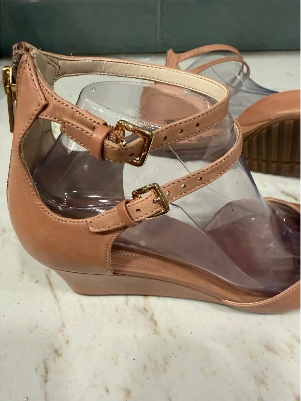 Cole Haan Grand.OS Leather Double Ankle Strap Wedge Pumps - Tan / Nude Sz